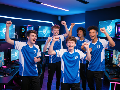 东方战线团队合影，多人在线下聚会，背景有游戏海报和旗帜